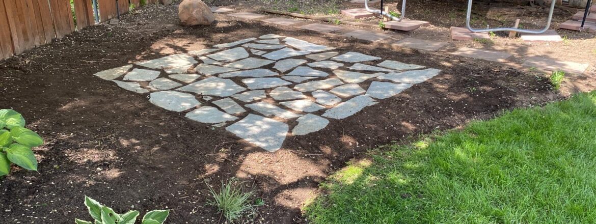 Modern outdoor patio with stone and seating area